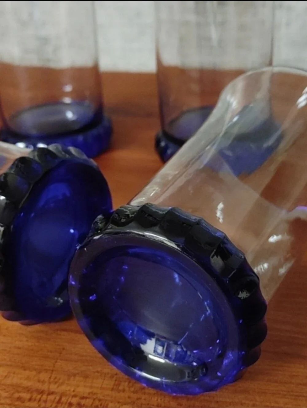 Vintage Cobalt Blue Base Clear Glass Tumbler - Set of 5